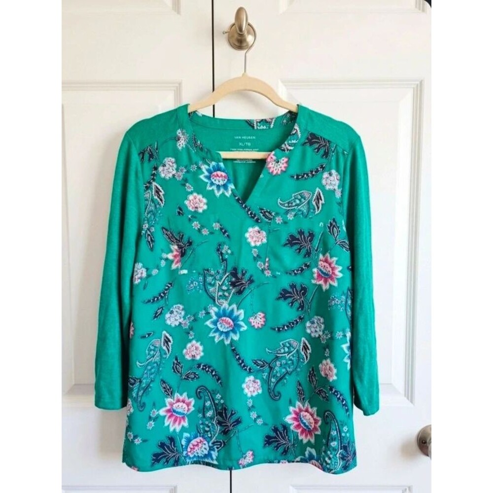 Van Heusen Green Floral Paisley Mixed Media 3/4 Sleeve Blouse- Size XL